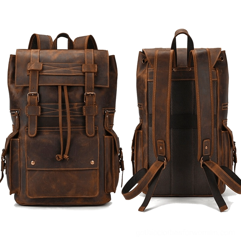 Dark brown genuine leather gothic backpack front and back side view