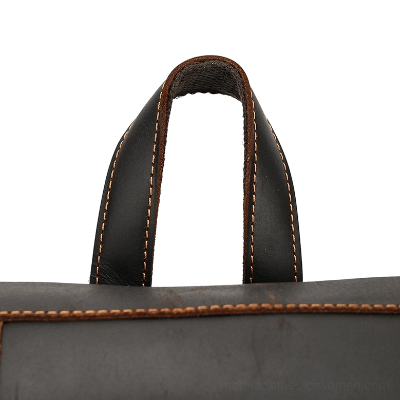 Dark brown gothic leather backpack front pocket configuration detail