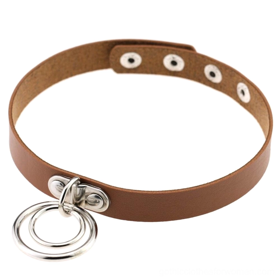 Dark brown PU leather gothic choker necklace with double metal rings and snap fasteners