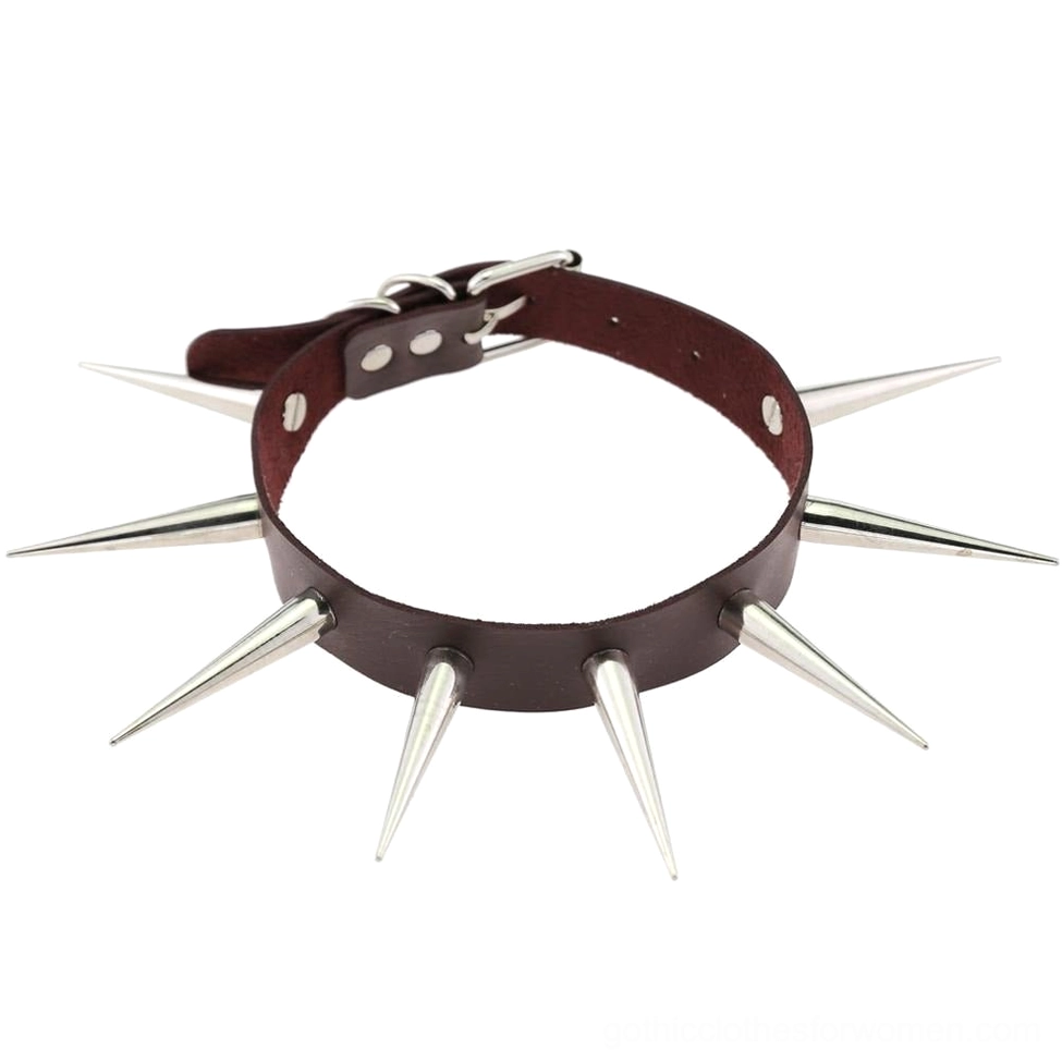 Dark brown faux leather studded gothic choker with sharp metal spikes flat lay on white background showing detail