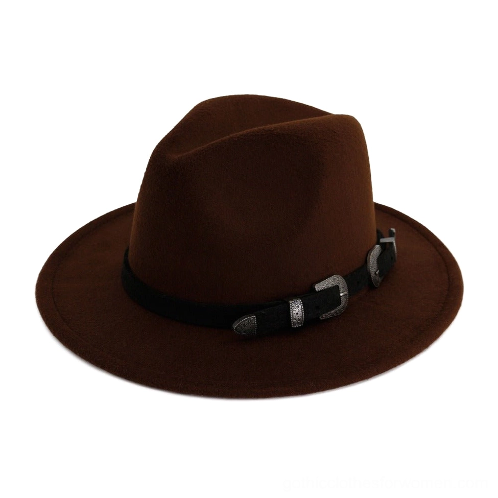 Dark brown vintage fedora hat with soft felt material and dual metal buckle leather strap