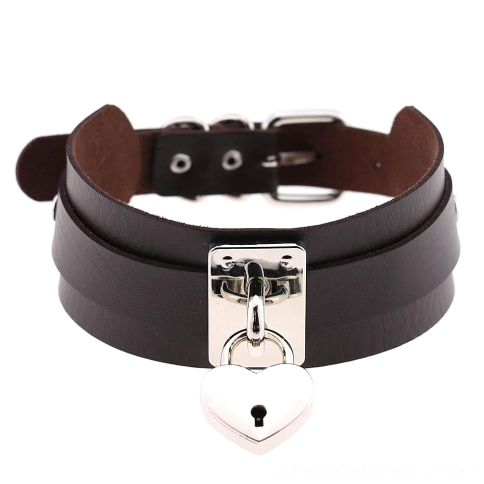 Dark brown gothic leather heart lock choker with silver metal lock - rich earth tone option