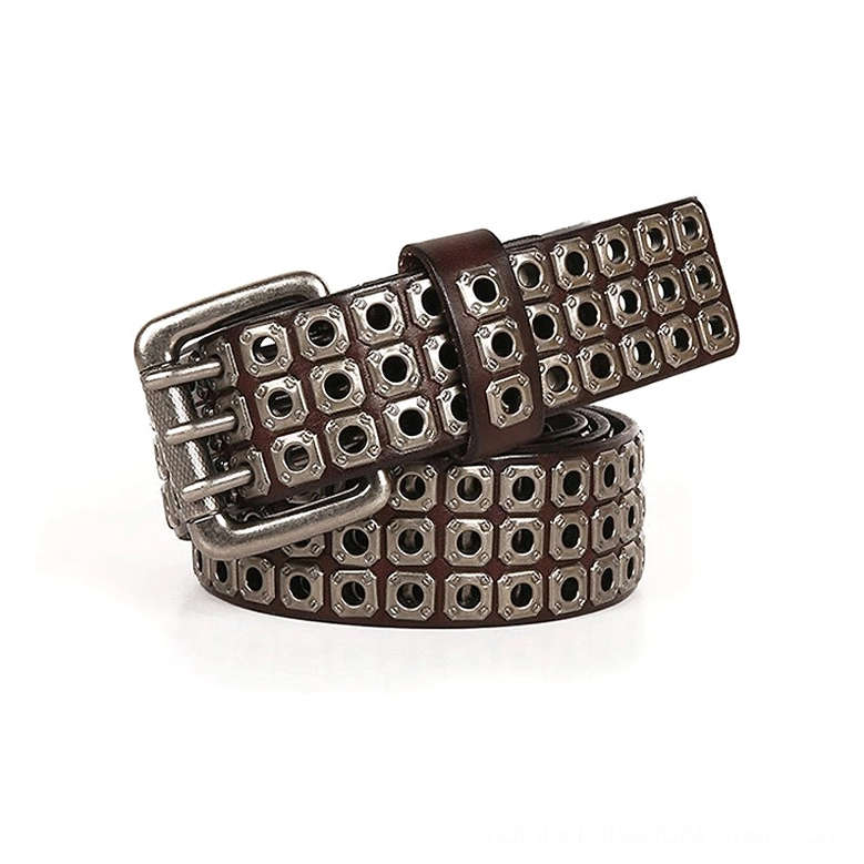 Dark brown studded leather gothic belt with silver buckle and square metal eyelets in geometric pattern, oblique view
