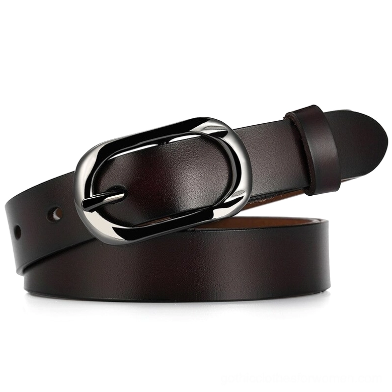 Dark brown gradient genuine leather gothic pin buckle belt with rectangular silver hardware