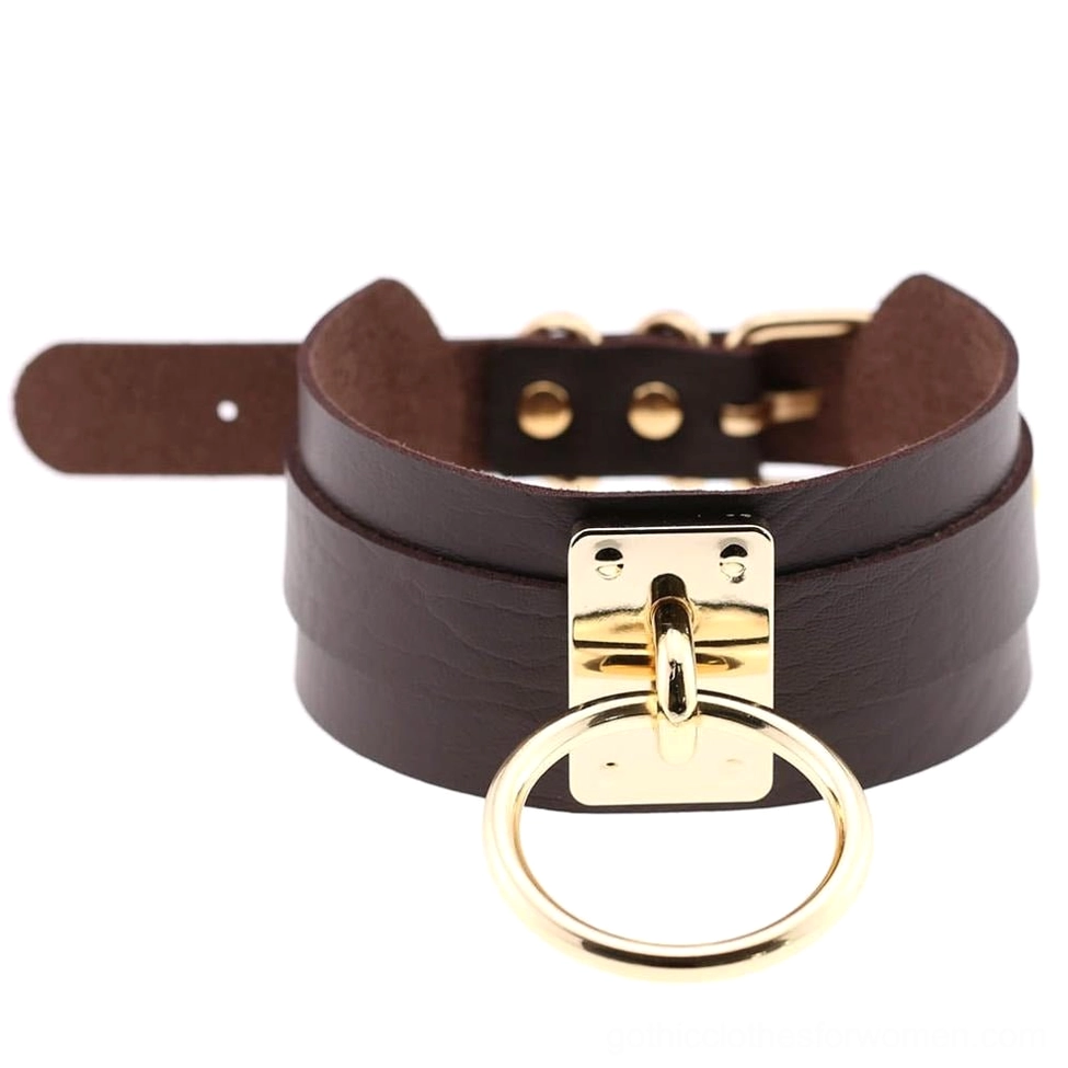 Dark brown PU leather bondage choker with gold metal ring clasp, rich brown gothic statement necklace