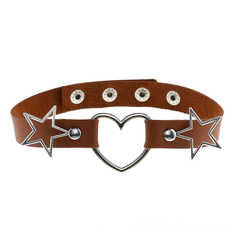 Dark brown PU leather gothic choker with heart pendant and hollow star decor, adjustable design with silver hardware