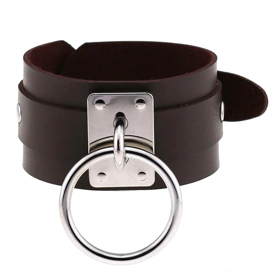Dark brown leather gothic bracelet with silver hardware, rock and alternative fashion style