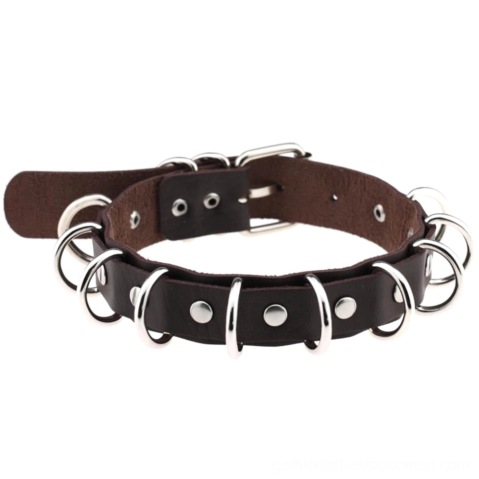 Dark brown gothic choker with zinc alloy metal studs and adjustable buckle fastening