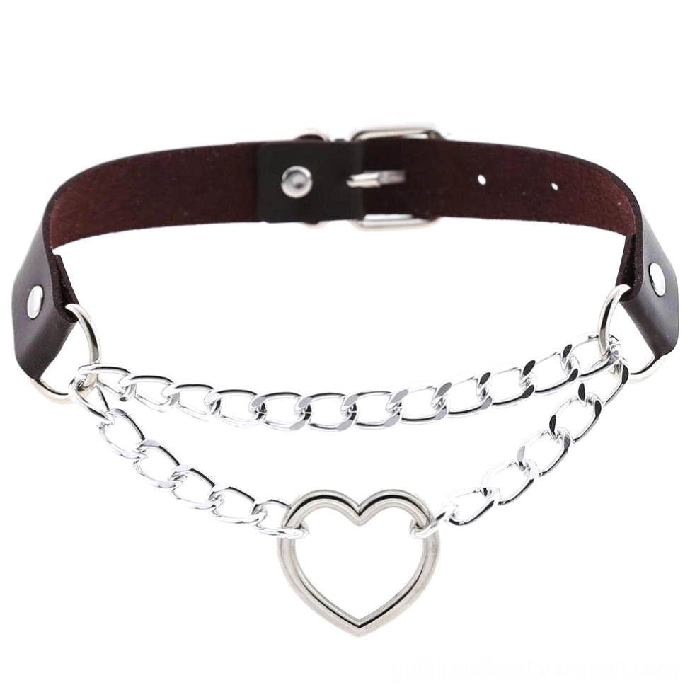 Dark brown PU leather heart choker with dual chains - alternative fashion gothic jewelry