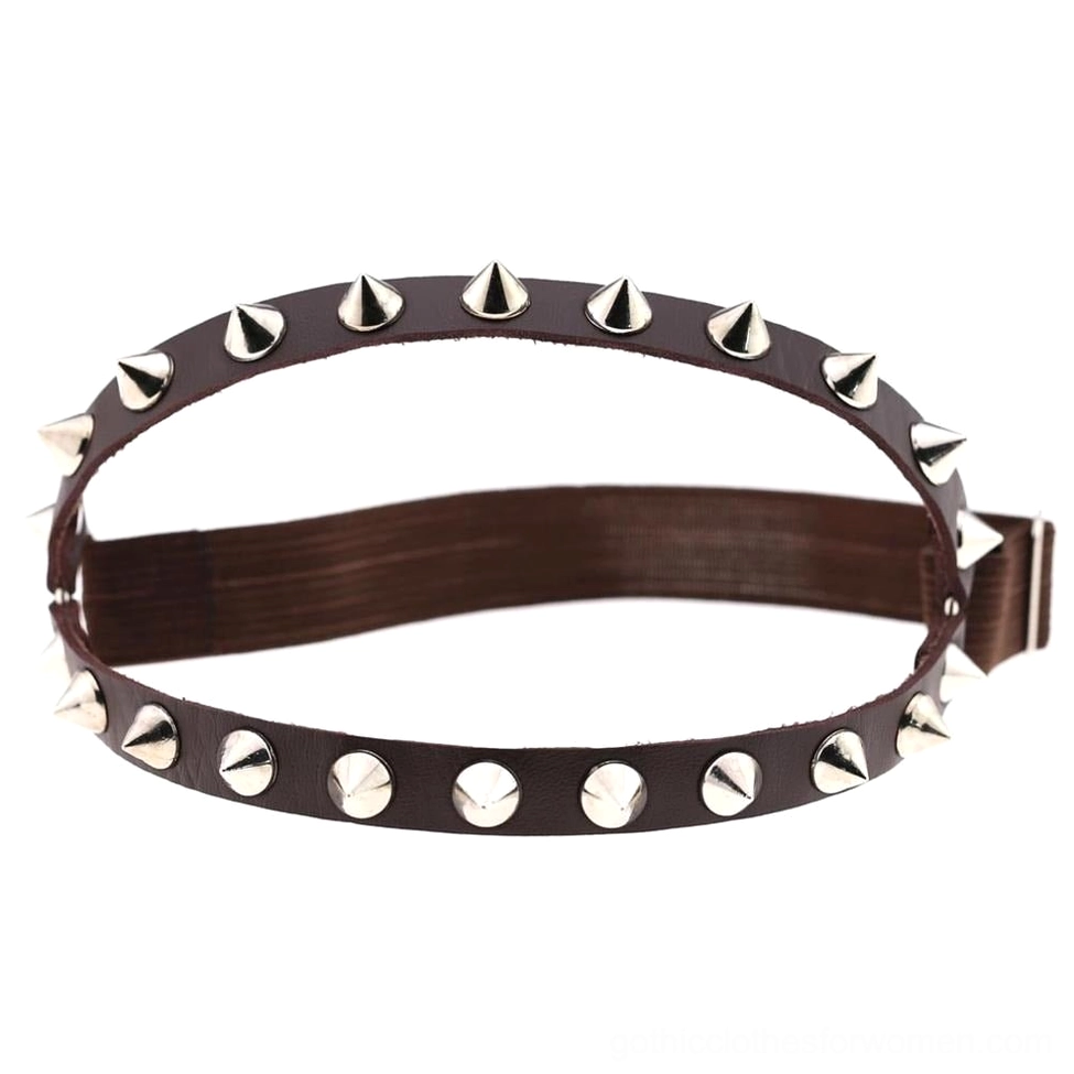 Dark brown leather leg garter with silver spike and rivet embellishments adjustable gothic knee harness