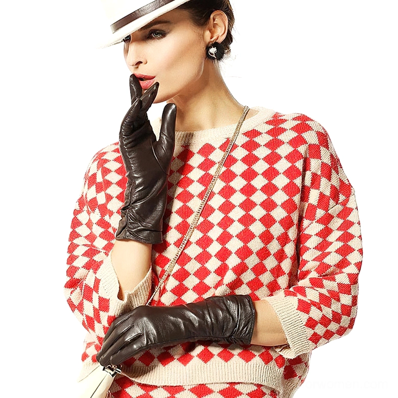 Dark brown long leather gloves with white hat styling, classic gothic elegance