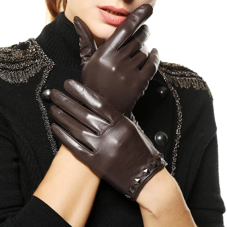 Dark brown studded leather women's gloves with rivet wrist trim and genuine leather finish
