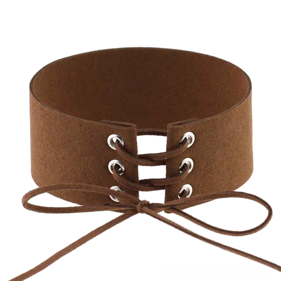 Dark brown lace-up choker necklace showcasing premium suede velvet texture