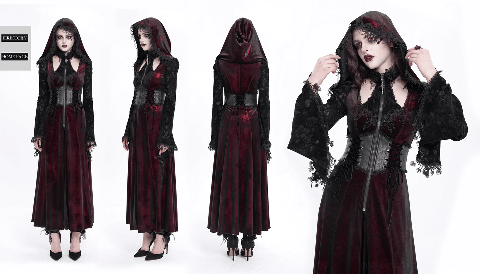Dark burgundy gothic hooded maxi coat with black lace sleeve detailing, comprehensive product view for alternative fashion enthusiasts