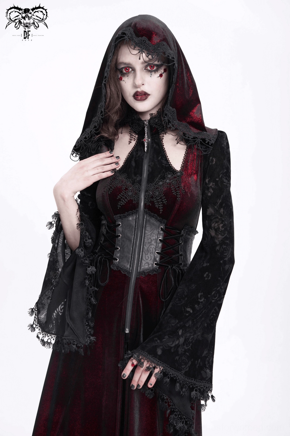 Dark elegance burgundy velvet gothic hooded maxi coat with black lace sleeves, full front view highlighting romanticgoth aesthetic