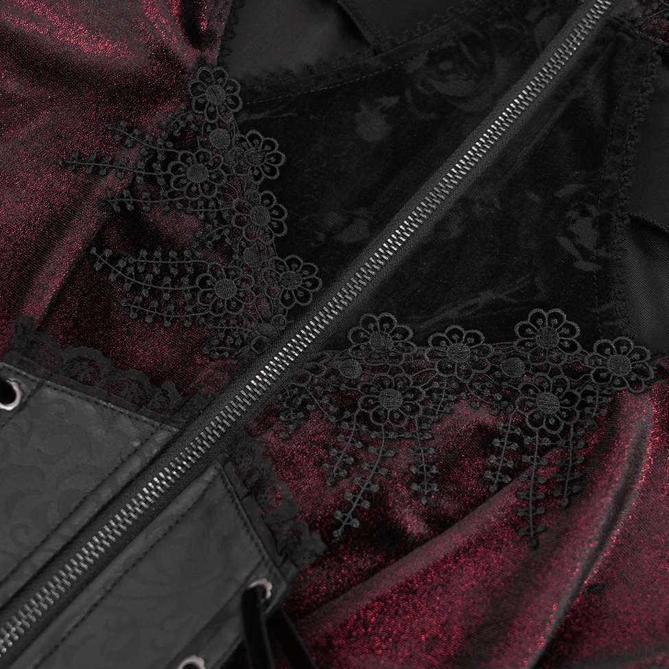 Dark fashion burgundy maxi coat with attached hood and black lace sleeve detailing, alternative fashion gothic style showcase