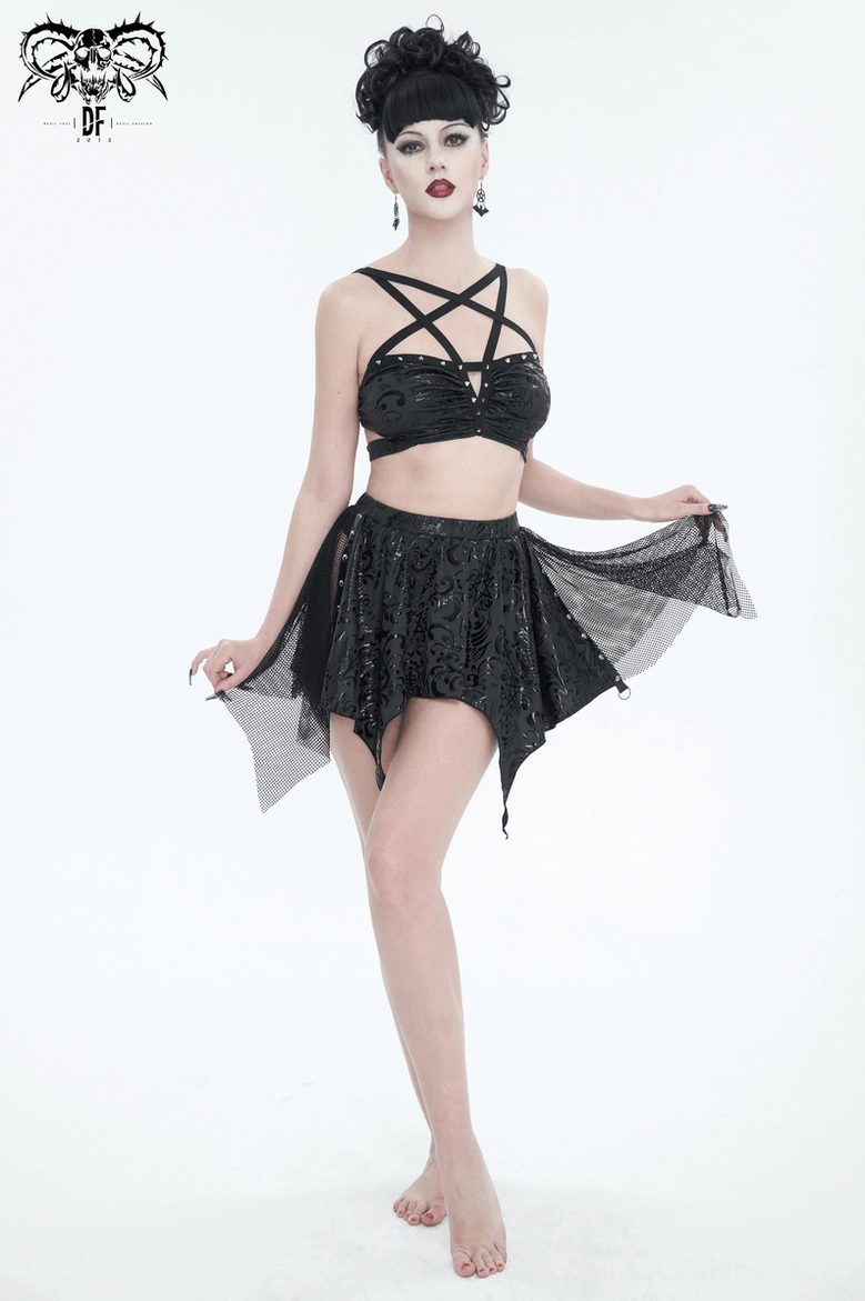 Dark floral gothic swimwear styling view showcasing the complete asymmetric silhouette and alternative aesthetic