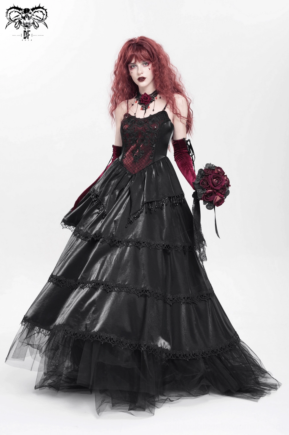 Dark gothic corset maxi dress detail Victorian inspiration wine red black colorway
