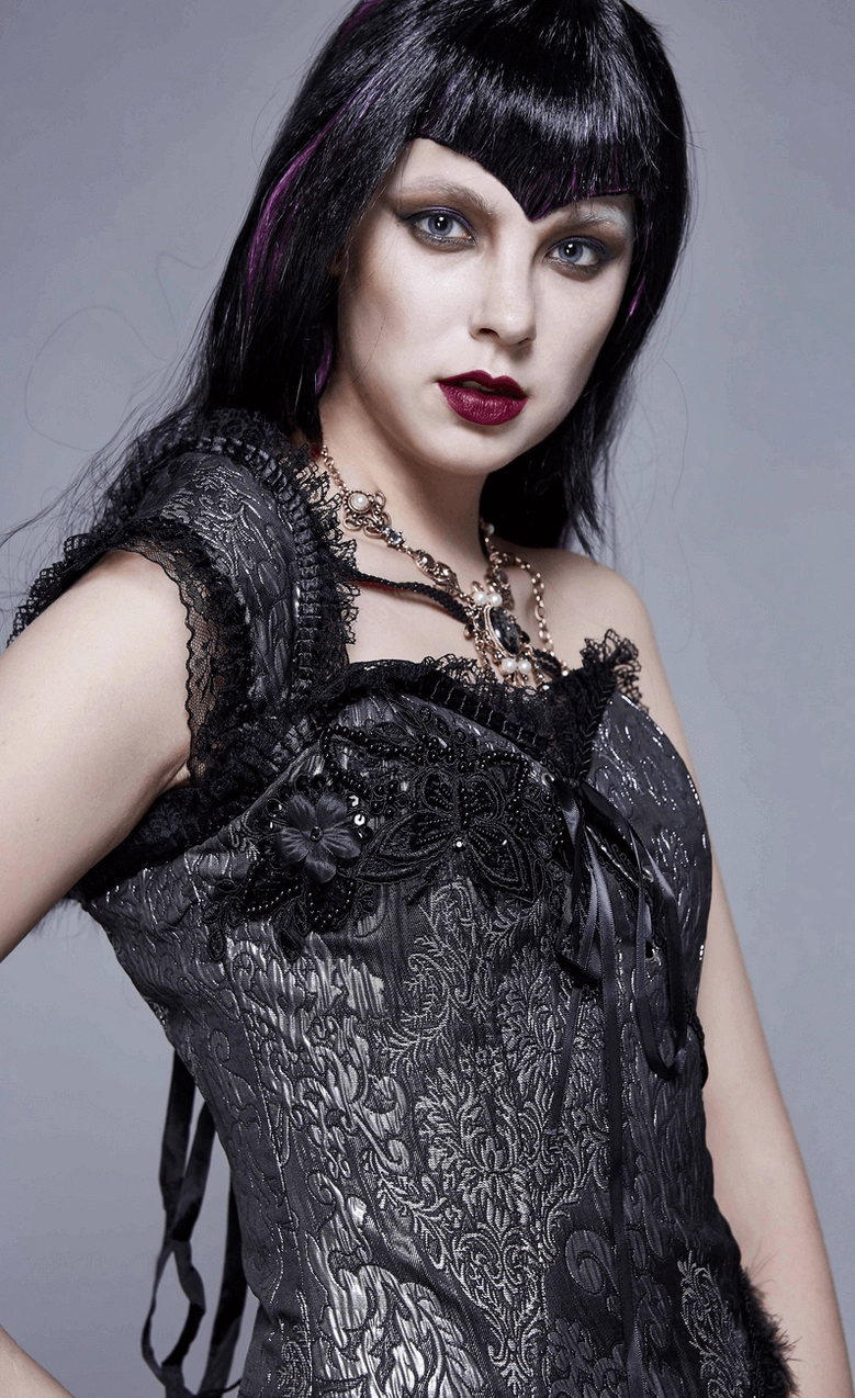 Dark gothic elegant necklace with faux pearl accents and bronze filigree, complete jewelry piece display