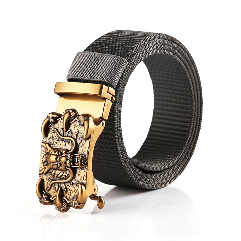 Dark gray nylon gothic belt with embossed dragon design bronze automatic buckle