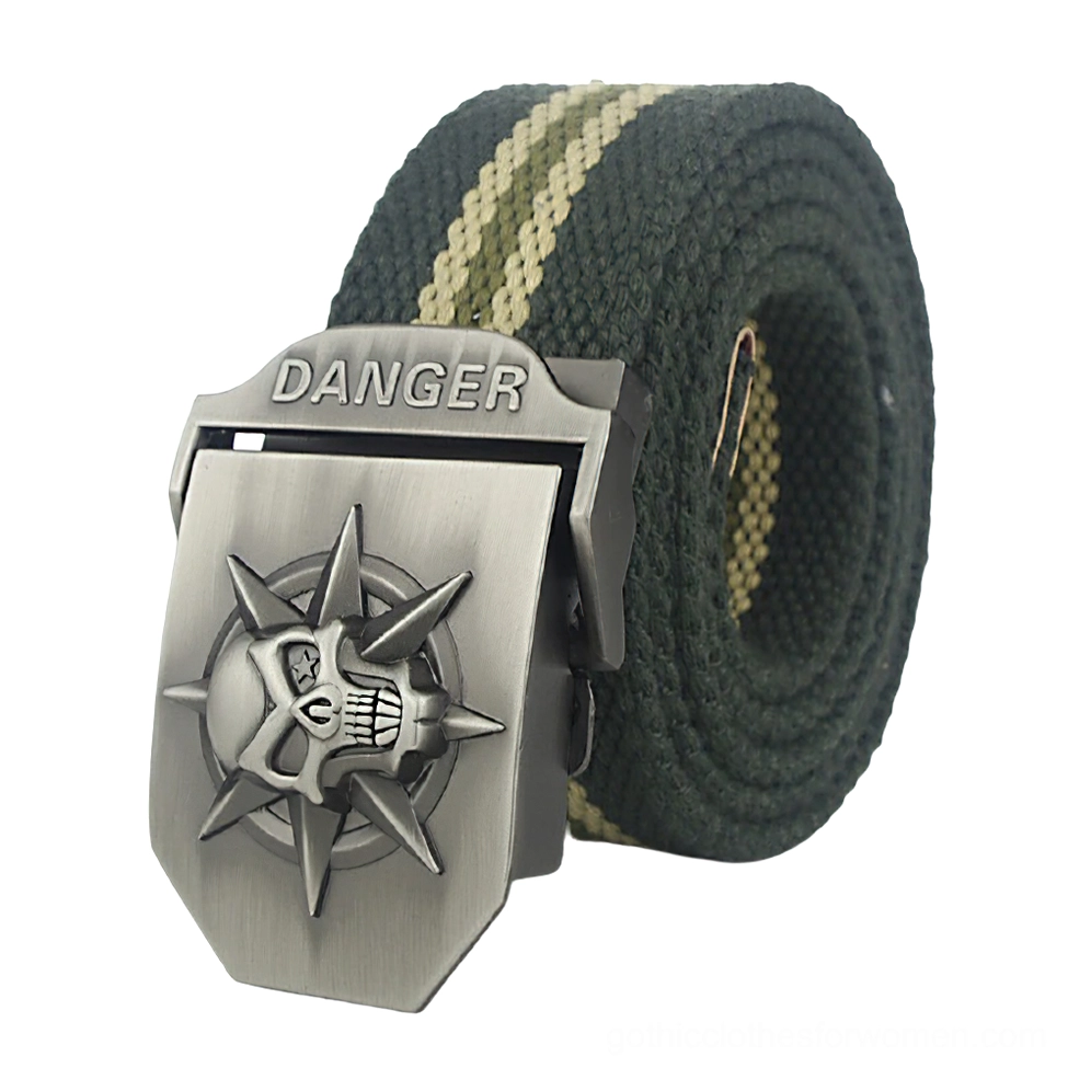 Solid dark green canvas gothic belt with silver memento mori skull buckle design