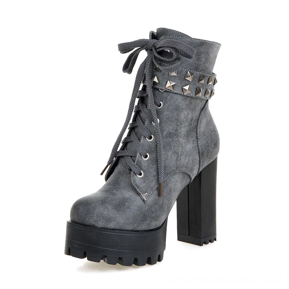 Dark grey gothic single ankle combat boot with lace-up closure and chunky platform heel, side angle