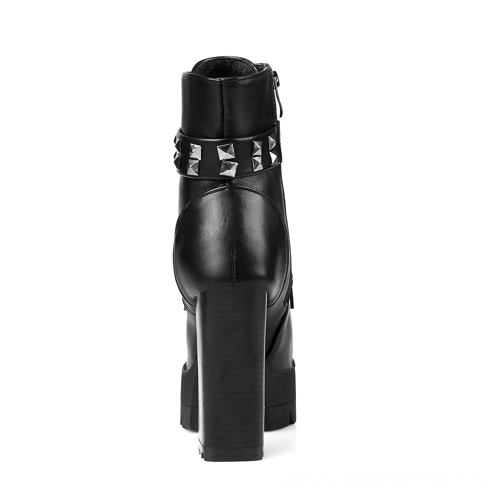 Dark grey gothic platform combat boot highlighting studded strap and block heel proportions