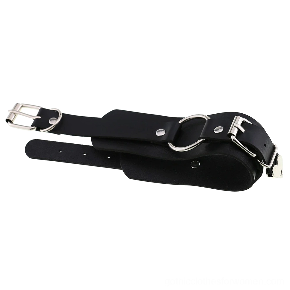 Dark leather choker with silver heart pendant and adjustable D-ring attachment system