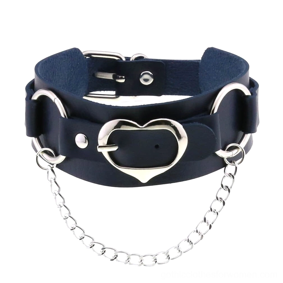 Dark navy blue punk heart choker with silver metal chain and heart-shaped hardware