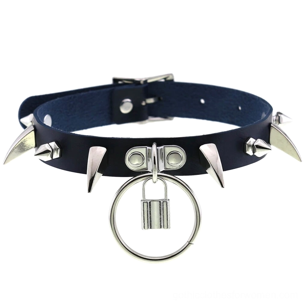 Dark navy blue spiked gothic choker with lock ring charm and silver spike details