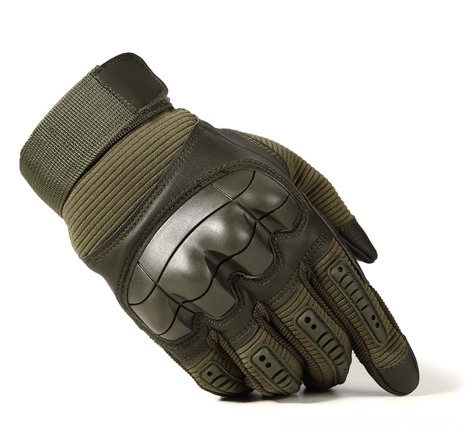 Dark olive green full-finger tactical gloves with padded knuckles and textured finger surfaces