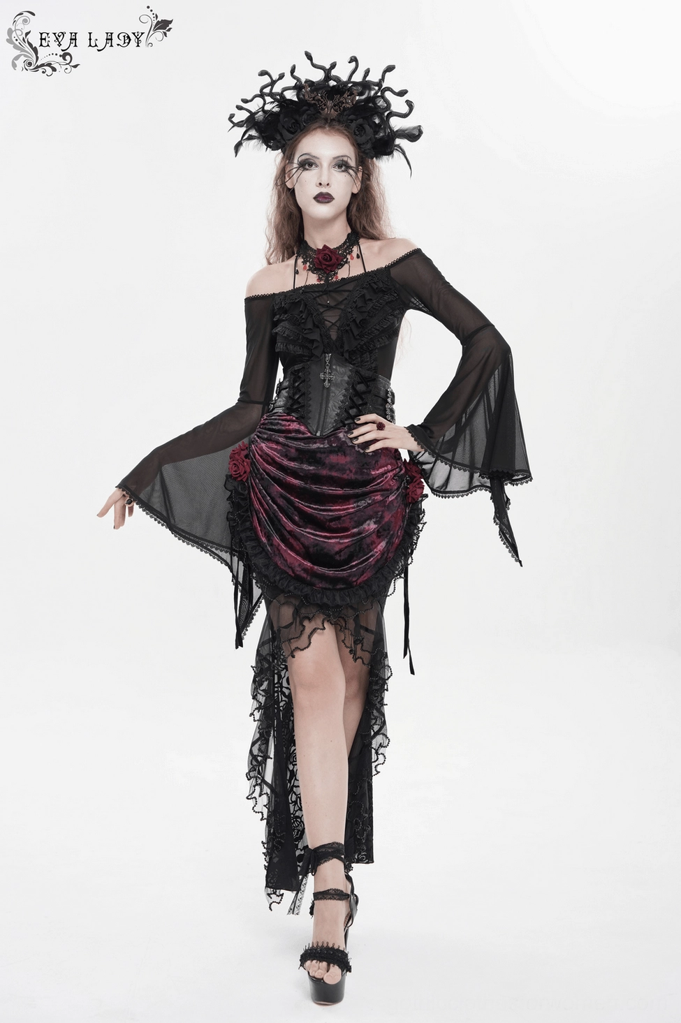 Dark romantic alternative fashion mermaid skirt with burgundy velvet and layered lace styling
