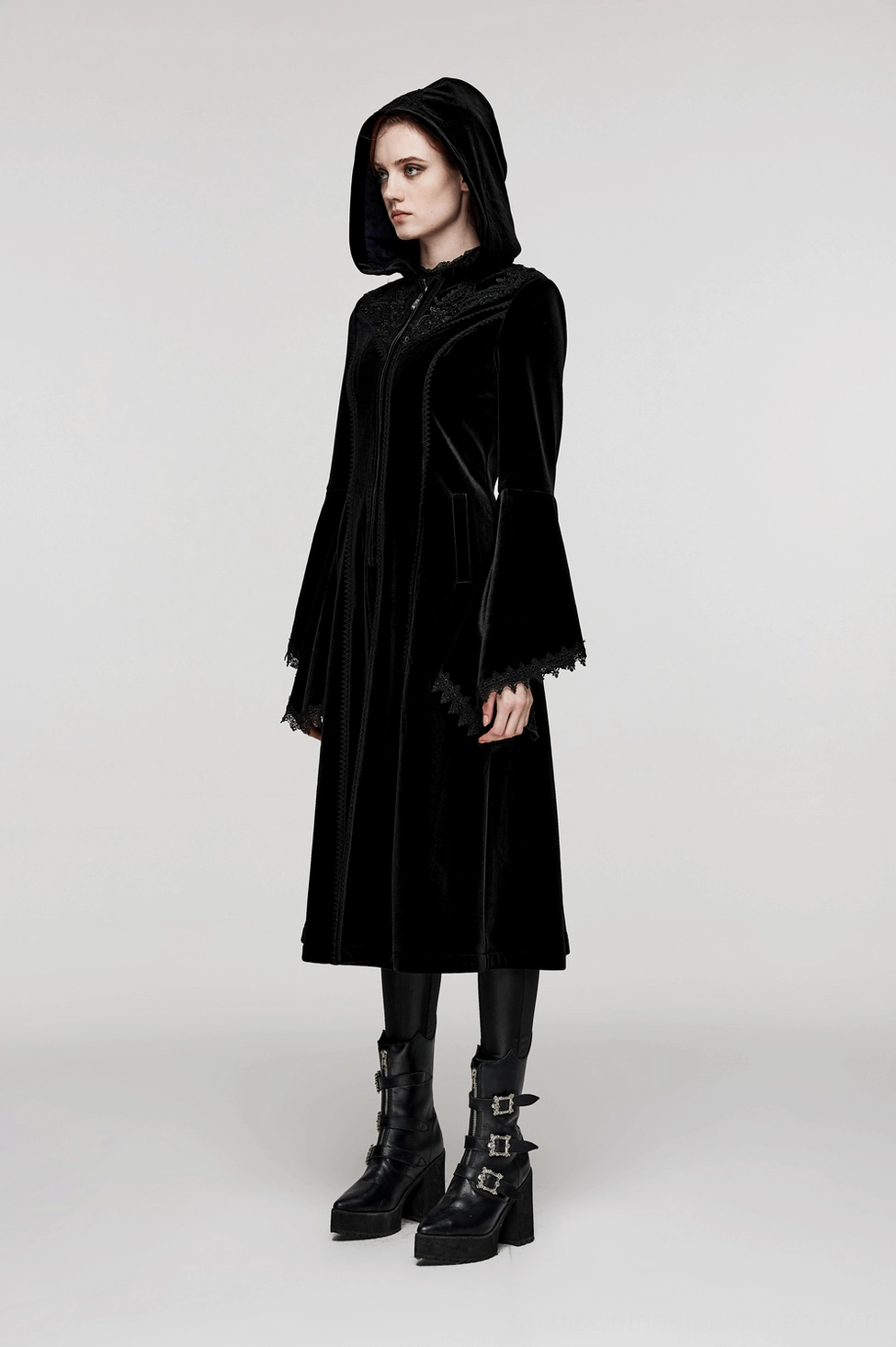 Dark romantic gothic velvet hooded coat with mesh-lined hood and premium fabric construction