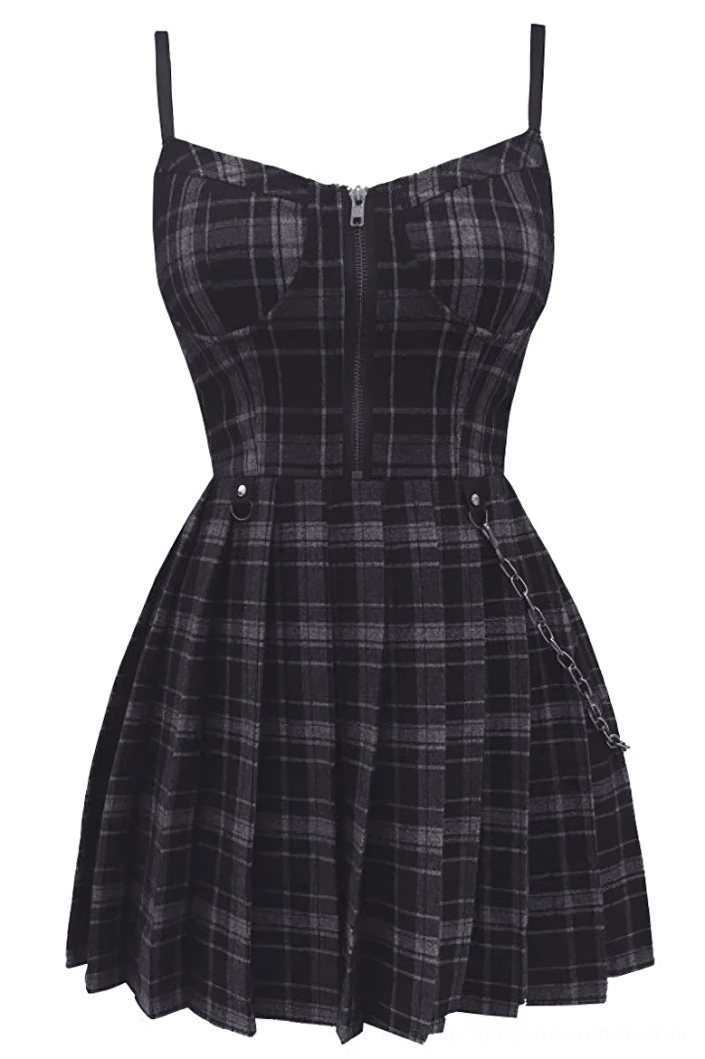 Dark grey and black tartan gothic mini dress featuring front zipper closure, chain ornaments, and A-line pleated design on white background