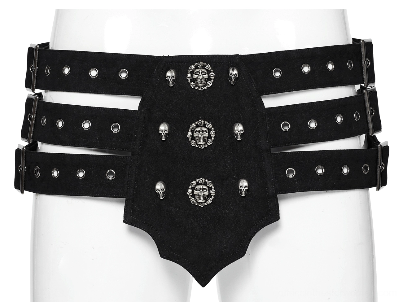 Decorated gothic punk corset belt on mannequin with skull and cross metal accents close-up
