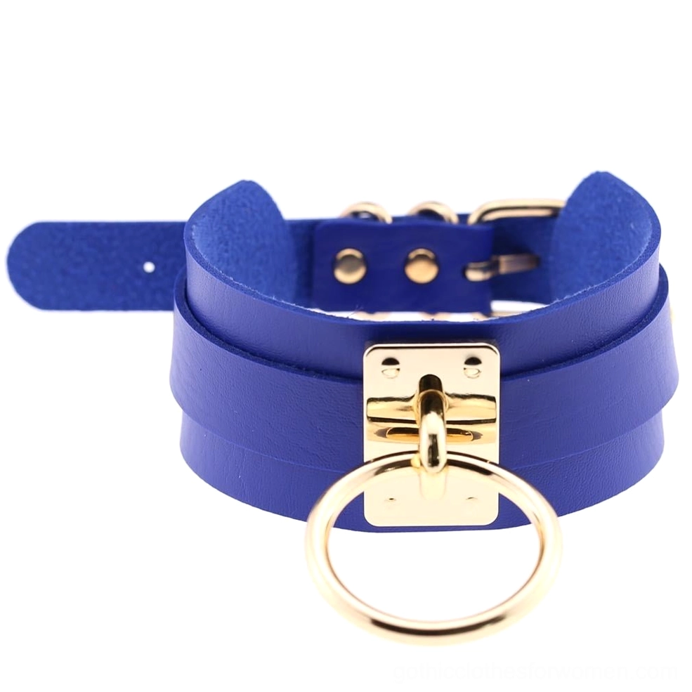 Deep blue PU leather bondage choker with gold metal ring and buckle detail, adjustable gothic necklace