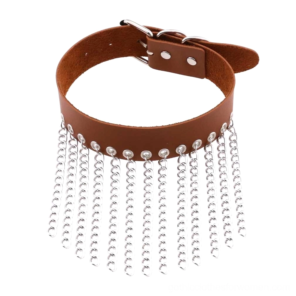 Deep rich brown leather gothic choker with silver hanging chains studio display