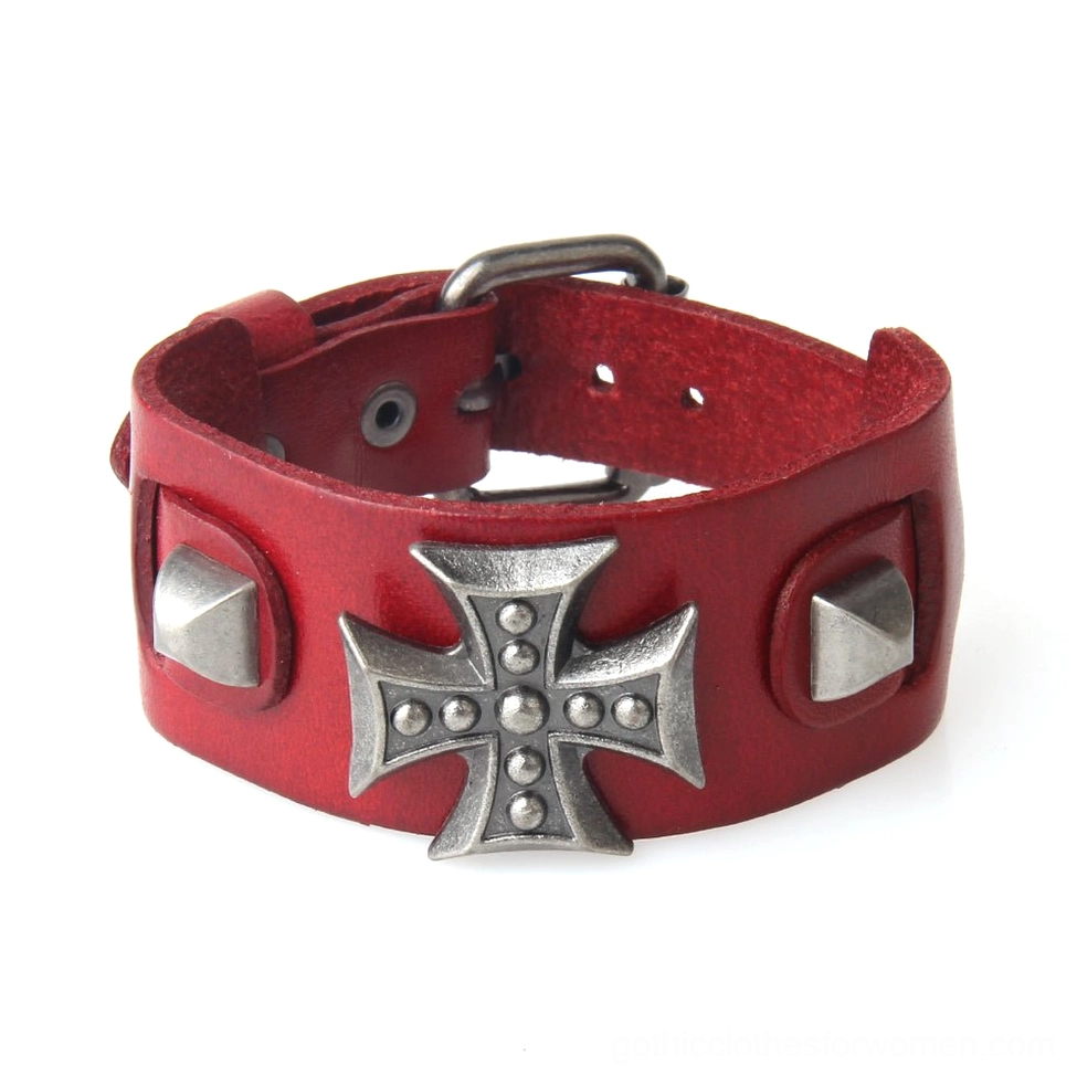 Deep red leather gothic cross wrap bracelet with adjustable holes and silver cross decoration