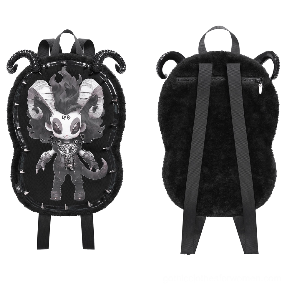 Gothic demon backpack front display flat lay showing curved ram horns, spike border trim, and printed demon character