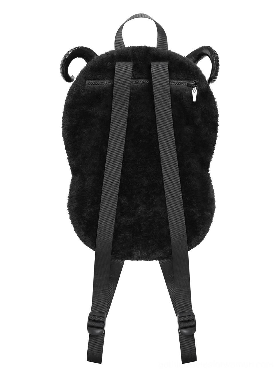 Rear flat display of gothic backpack showing plush fleece texture, zippered pocket, and adjustable nylon straps