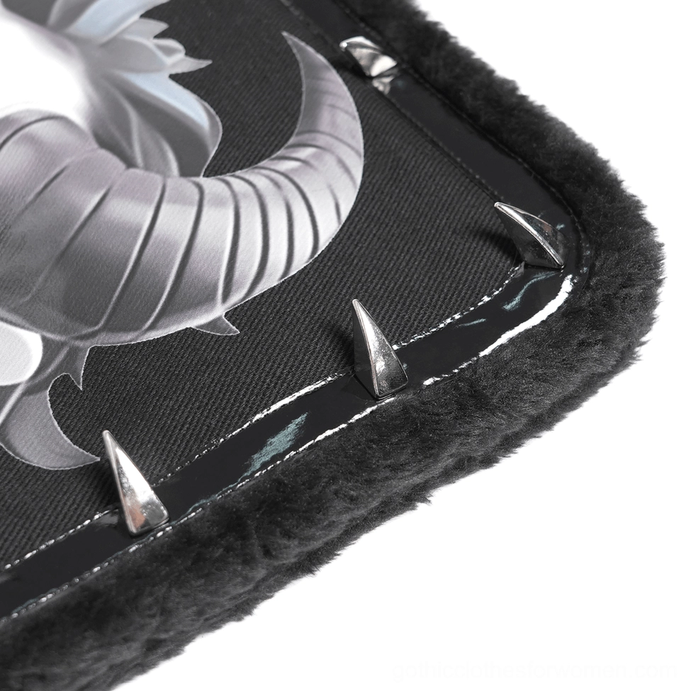 Alternative angle showcasing demon skull gothic backpack with chains, fur trim and cartoon print demon design on black structured backpack