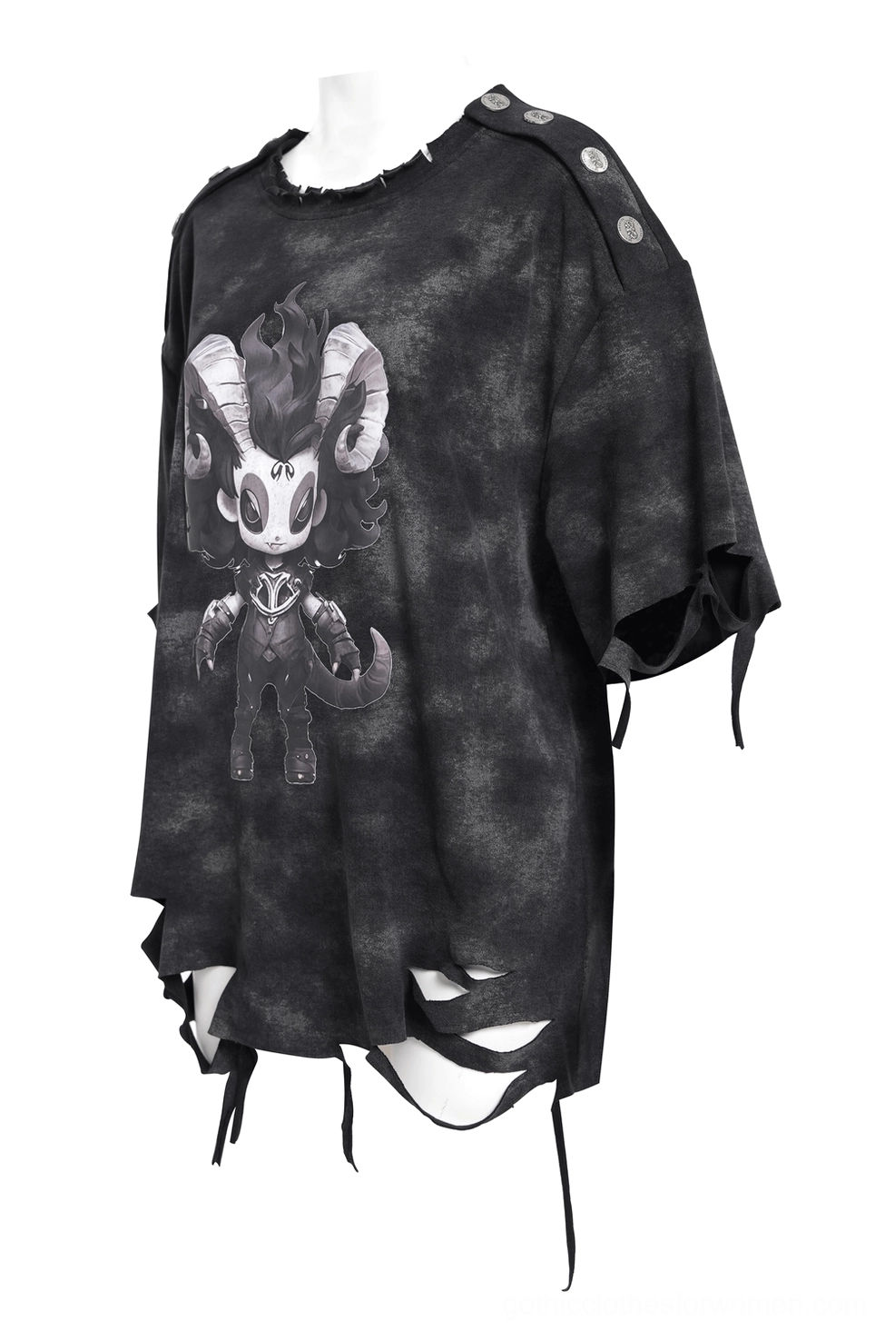 Three-quarter side view of black distressed demon tee showing metal snap shoulder buttons and raw sleeve edges