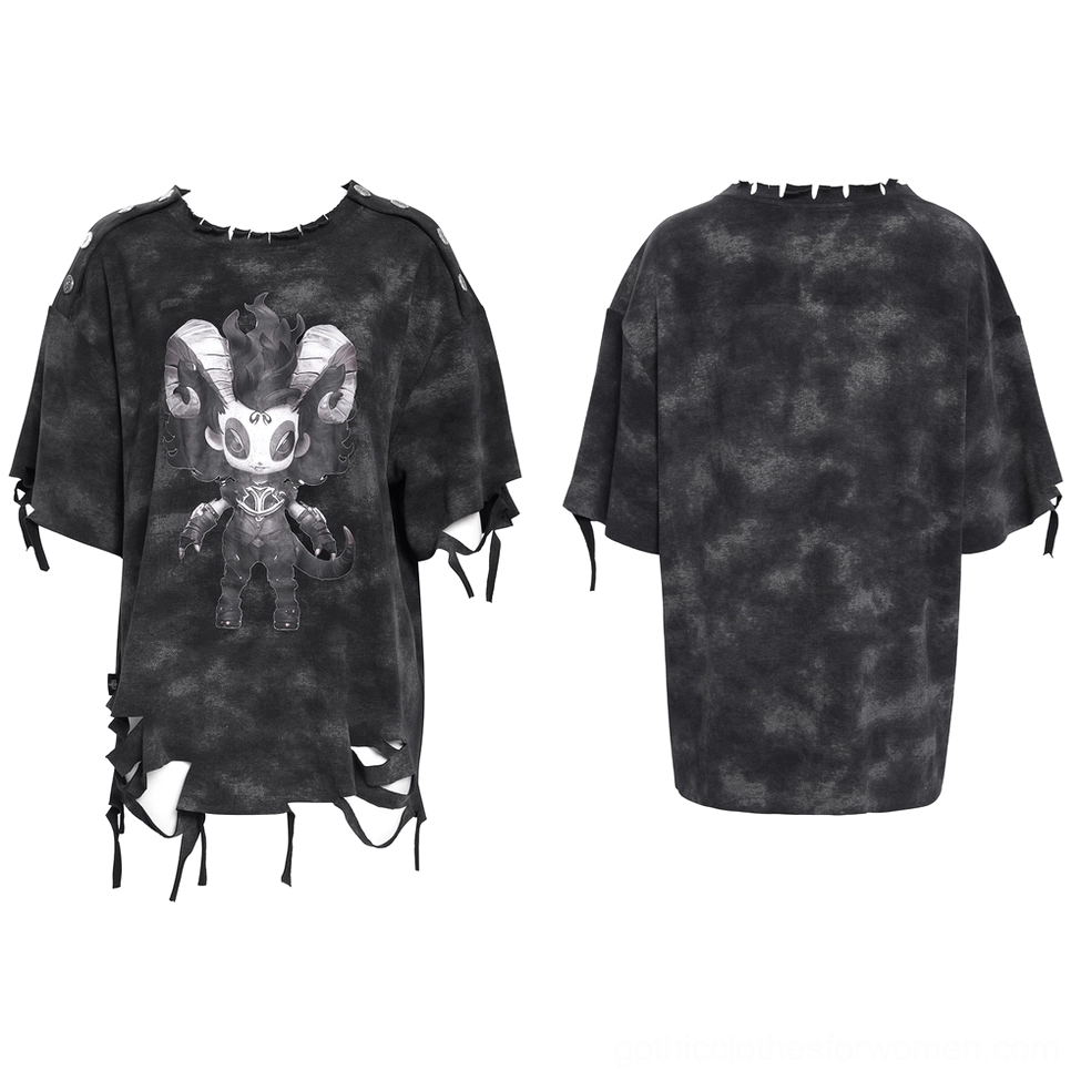 Distressed demon graphic gothic t-shirt front and back flat lay combo showing torn hem and cartoon demon print details