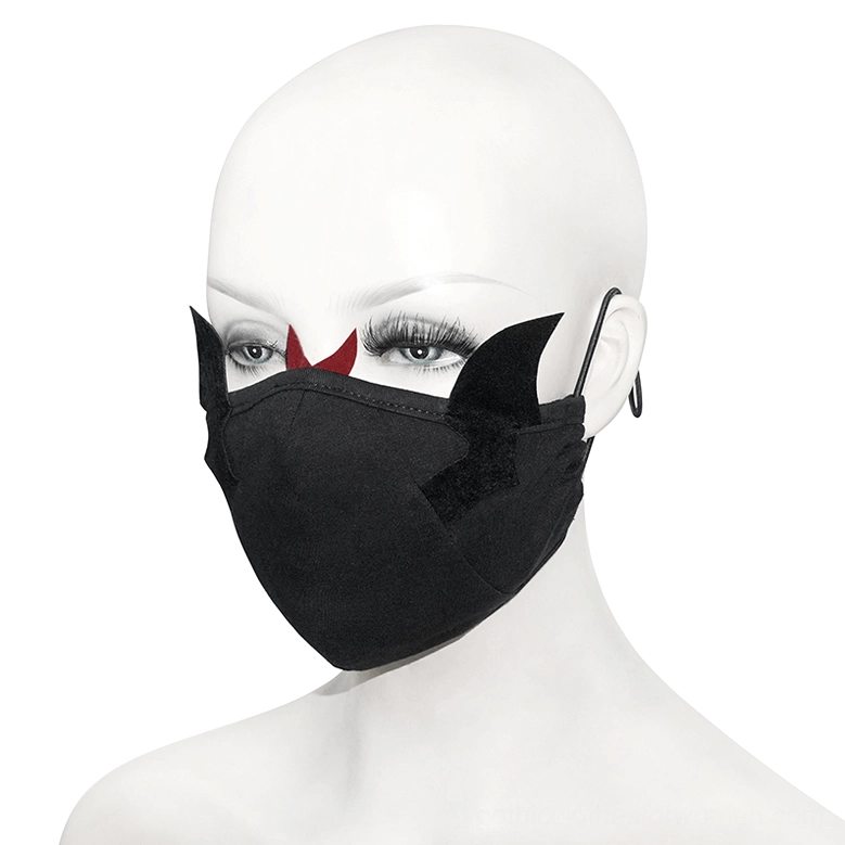 Side view of black gothic demon mask showing ear strap attachment and wing decoration details