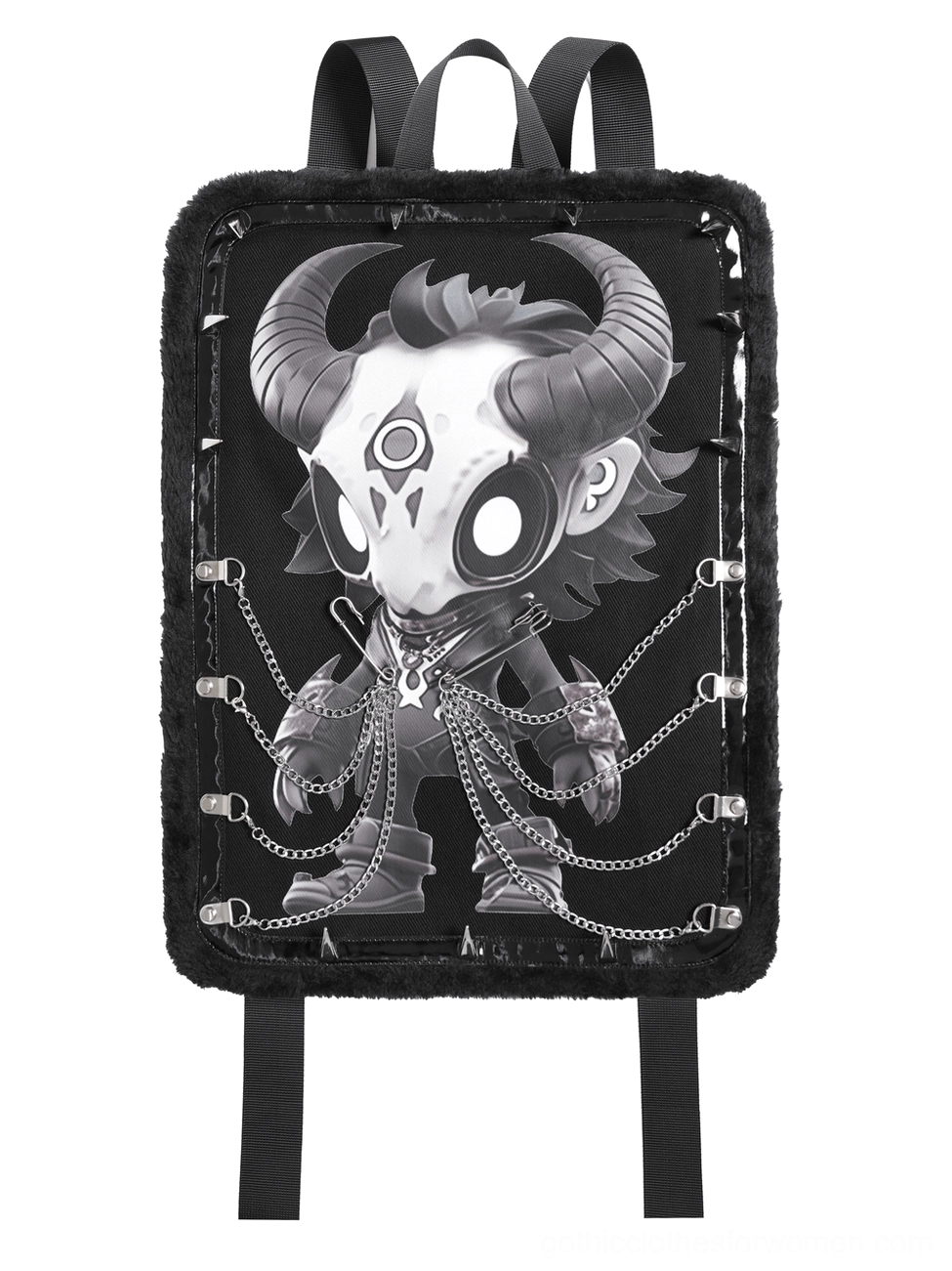 Detailed frontal view of gothic demon skull backpack featuring cartoon print, fur trim, metal rivets and chain embellishments on black fabric
