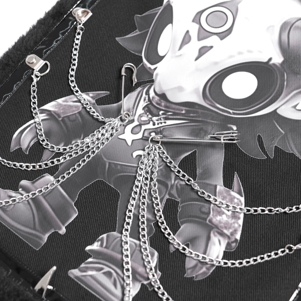 Complete demon skull gothic backpack product shot highlighting structured rectangular shape, metal chain accessories and fluffy fur trim details