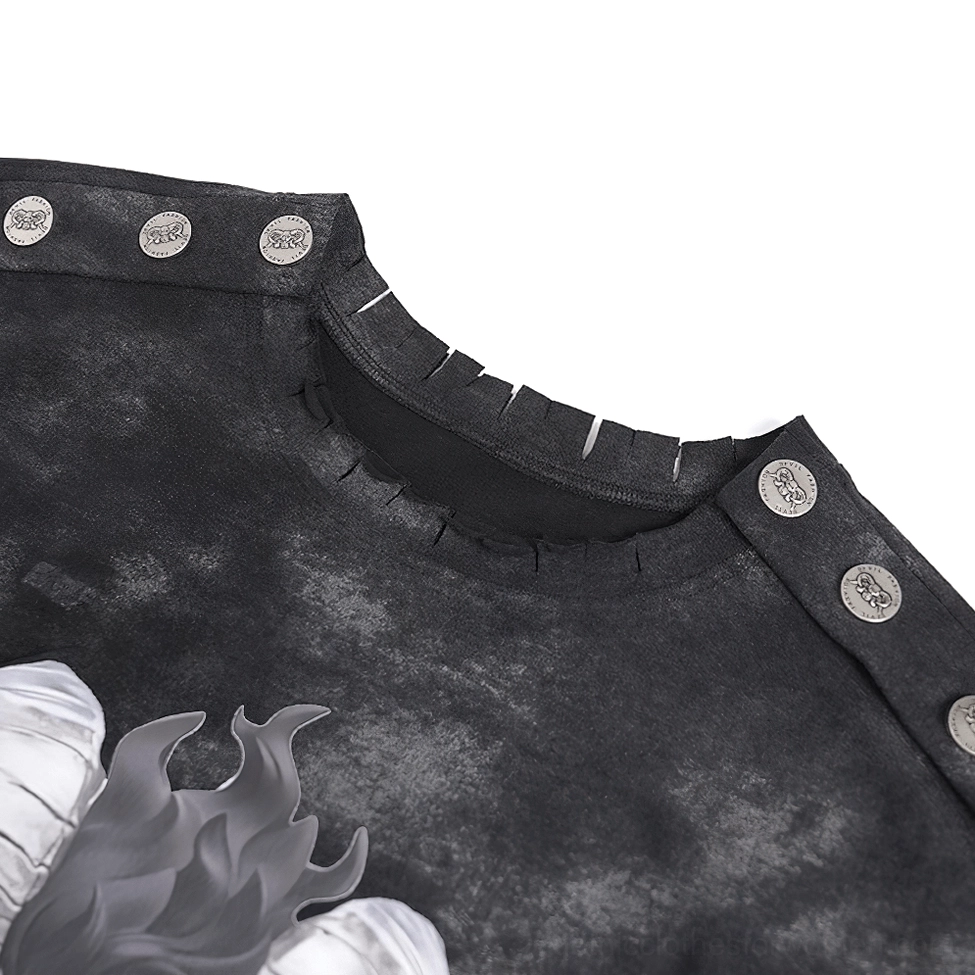 Close-up detail of distressed demon gothic t-shirt neckline showing embossed metal snaps and raw cut edges