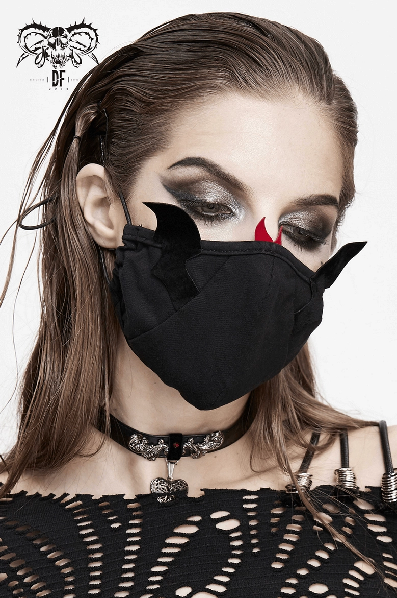 Black demon wings cotton gothic face mask with adjustable straps, theatrical alternative fashion accessory