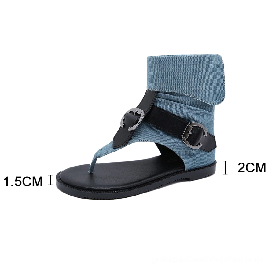 Denim blue gladiator flip flop sandal side profile showing buckle details, folded denim cuff, and 2cm heel height marking