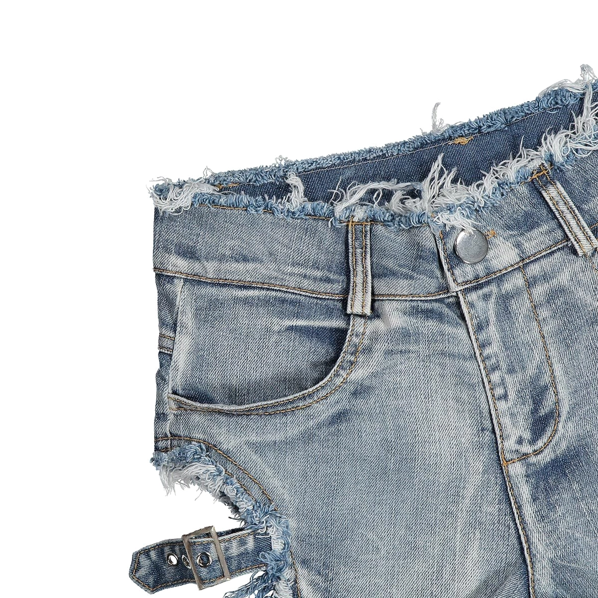 Back and side view of denim shorts showing buckle strap hardware and frayed hem construction